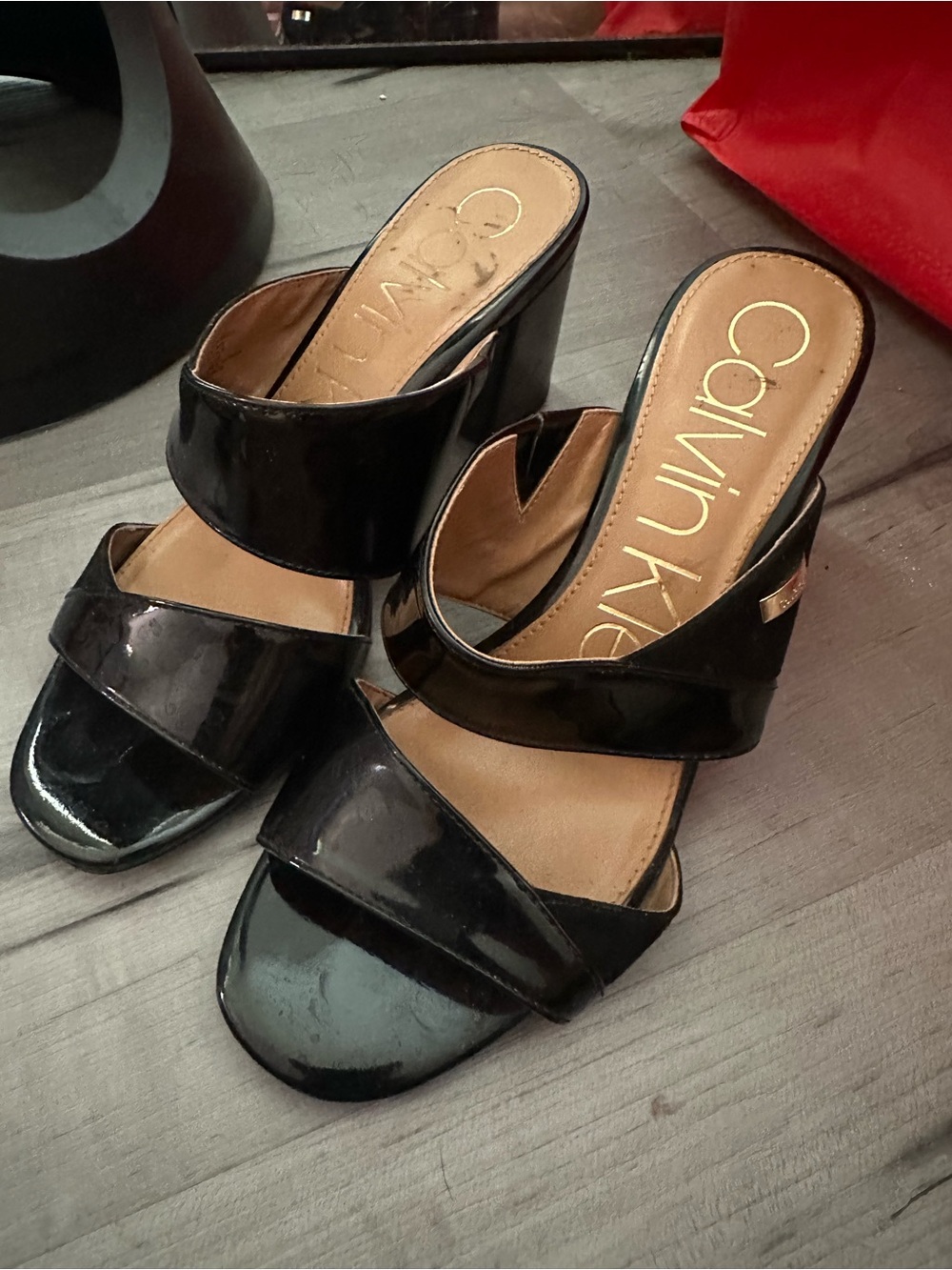 Calvin Klein Black Patent Double-Band Slide Heels